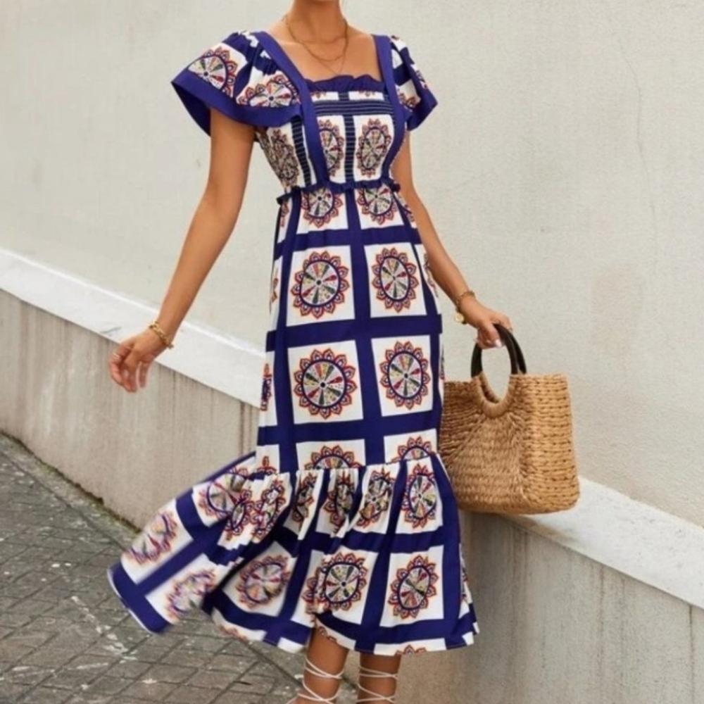 blue contemporary Floral Shirred Dress with Mermaid hem & Butterfly Sleeve